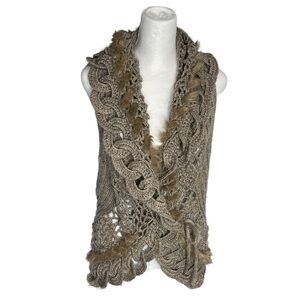 Unique Boho Style Sweater Vest with Ruffled Faux Fur Trim and Lace Detail LG-XL